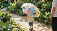 this children’s umbrella casts playful characters onto the ground, making sun protection fun