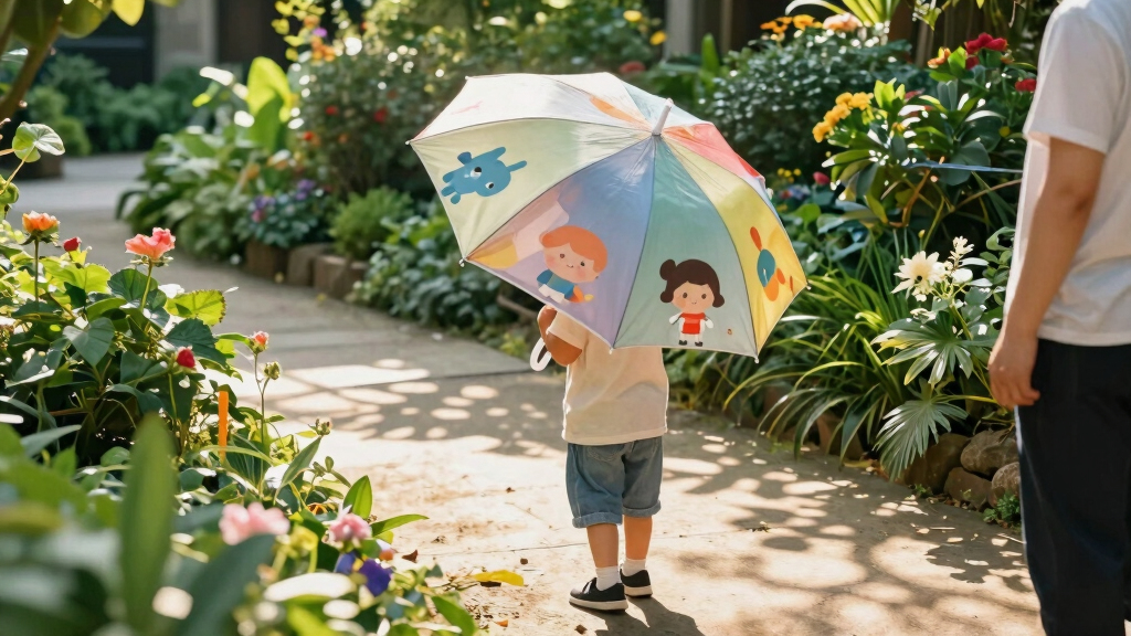 this children’s umbrella casts playful characters onto the ground, making sun protection fun